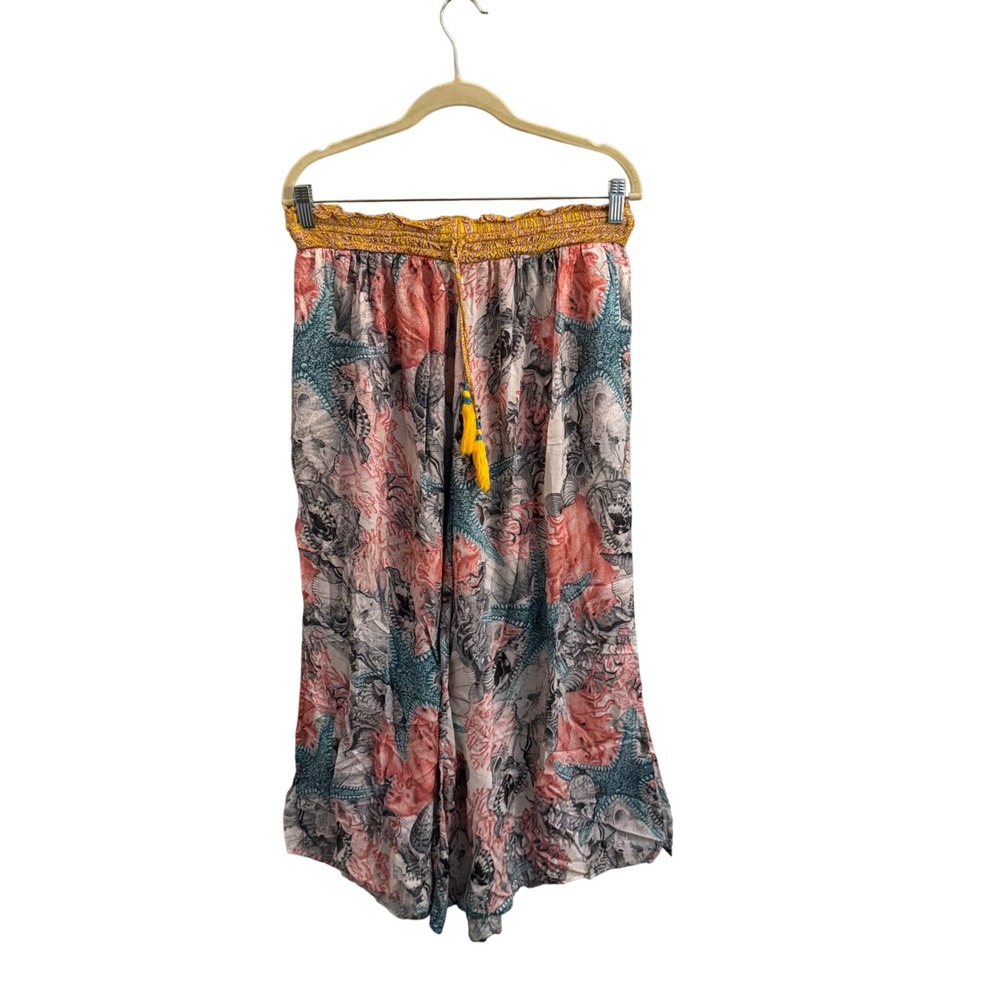 Anthropologie Starfish Coral Print Wide Leg Modal Pants Yellow Smocked  L/XL